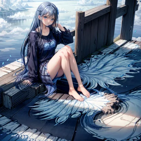 Blue-haired、blue eyess、one good looking girl、animesque、lightly dressed、Plaid miniskirt、flower petals、bare-legged、wetting hair、Black T-shirt、sitting on、sea of clouds