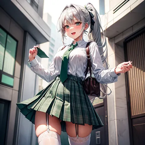 High school girl with silver hair ponytail、Green plaid skirt、white blouse and green tie、white stockings、White garter belt、brown leather bag、Black loafers、Ecstatic look、Pointed mouth、red blush