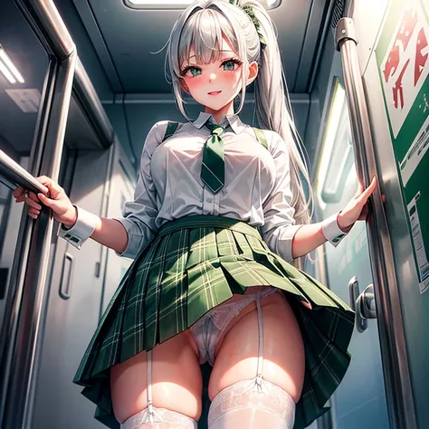 High school girl with silver hair ponytail、Green plaid skirt、white blouse and green tie、white stockings、White garter belt、、Ecstatic look、Pointed mouth、red blush,(no panties),pussy juice,pussy,vagina、(touch the clitoris)、On the train、Shot from below