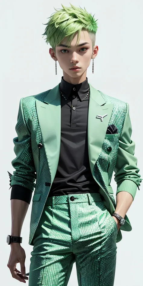 kpop teen boy with messiest spiky top straight lime green fadecut hair, blue eye, personality: prankster, happy, a green one-suit with a diamond print, golfing attire of golfers