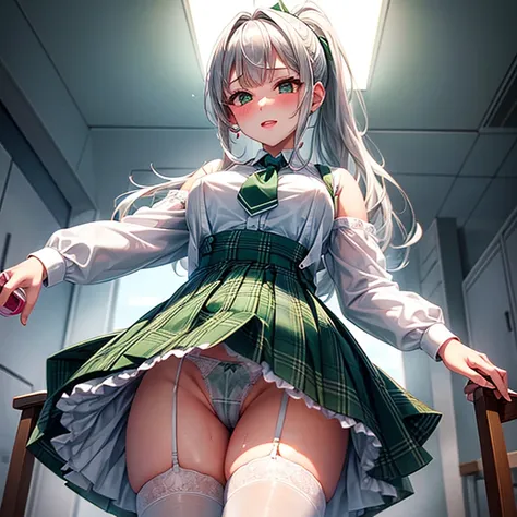 High school girl with silver hair ponytail、Green plaid skirt、white blouse and green tie、white stockings、White garter belt、、Ecstatic look、Pointed mouth、red blush,(no panties),pussy juice,pussy,vagina、(touch the clitoris)、‎Classroom、Shot from below