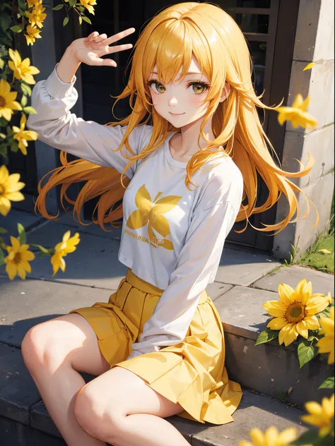 master piece,best quality, Solo woman, cute, sitting, jaune jacket,white T-shirt, jaune tight skirt, shy smile, jaune hair, long hair, waving in a strong wind hair, yellow flower