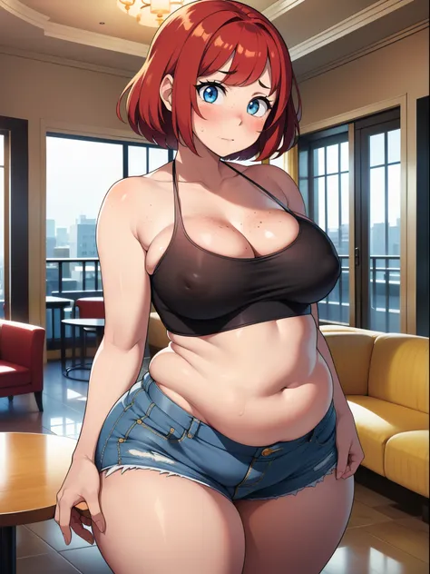 ((highres)), (Masterpiece), superior quality, high quality, best quality, beautiful, perfect lighting, detailed face, ultra cute face, cute, cowboy shot, ((1girl)), ((solo)), short fluffy red hair, blue eyes, freckles, (blush), shy, nervous, hotel lobby, d...