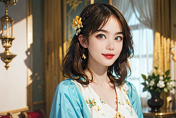 121
(a 20 yo woman,is standing), (A hyper-realistic), (high-level image quality), ((beautiful hairstyle 46)), ((short-hair)), (Gentle smile), (breasted:1.1), (lipsticks), (florals), (Luxurious room), (Depth of field is deep), (escher&#39;Mysterious picture...