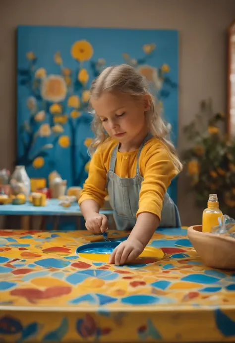 An image of the character carefully assembling a colorful childrens table, with vibrant paints and cheerful patterns coming to life.,original,Very swedish! Blue and yellow. Absolutely Scandinavian. Very hot. Very beautiful. , female