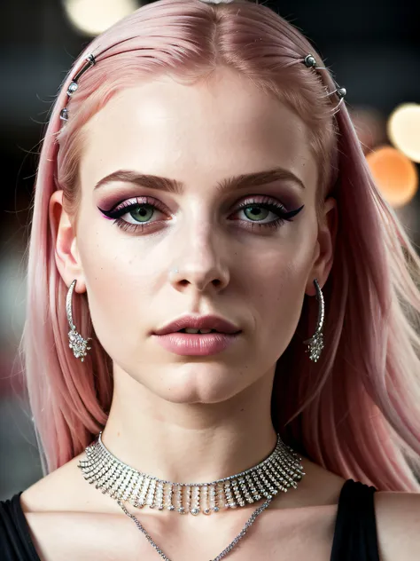 RAW portrait photograph, high resolution photograph of a 21 yo English woman, photorealistic, cinematic, dramatic, beautiful face, very pretty, perfect face, well formed facial features, exotic and expressive pink hair, wing eyeliner, futuristic silver mak...