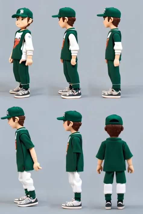 (Best Quality, masutepiece), Deformed,1 boy,17 years old,skater,Cap,clay animation,three view drawing, Front, back and sides, Character Sheet,Full body,Simple background,