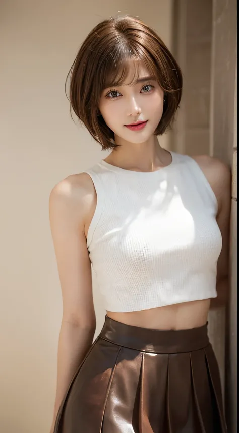 (Best quality at best, 8K, tmasterpiece: 1.3)), 1 girl, Slim Abs Beauty: 1.3, (Brown Hair Short Hairstyles, bigger: 1.2), a skirt: 1.1, Super slim face, Elaborate Eyes, 二重まぶた, ssmile, Duan, RAW photogr