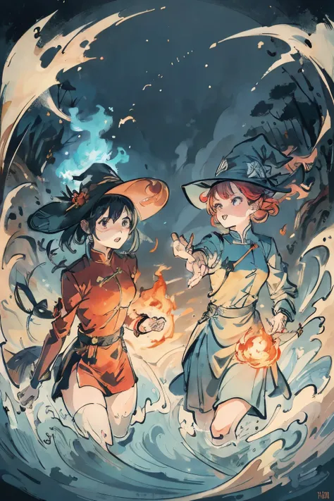 2girls，Prison Guard，lesbian，intimacy，brightcolors，Extreme color，Refined face，Background of the four elements of earth, wind, water and fire，dreamy background，Magic background，Witch hat，uniform，see-through transparent clothes，Conservative style，anger expres...