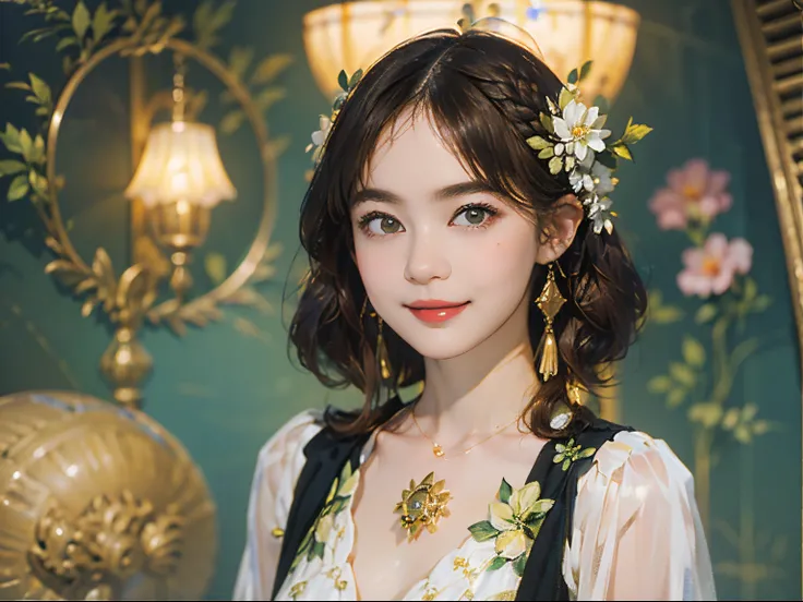 121
(a 20 yo woman,is standing), (A hyper-realistic), (high-level image quality), ((beautiful hairstyle 46)), ((short-hair)), (Gentle smile), (brest:1.1), (lipsticks), (florals), (Luxurious room), (Depth of field is deep), (Escher&#39;s mysterious painting...