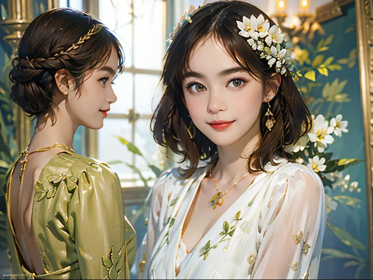 121
(a 20 yo woman,is standing), (A hyper-realistic), (high-level image quality), ((beautiful hairstyle 46)), ((short-hair)), (Gentle smile), (brest:1.1), (lipsticks), (florals), (Luxurious room), (Depth of field is deep), (Escher&#39;s mysterious painting...