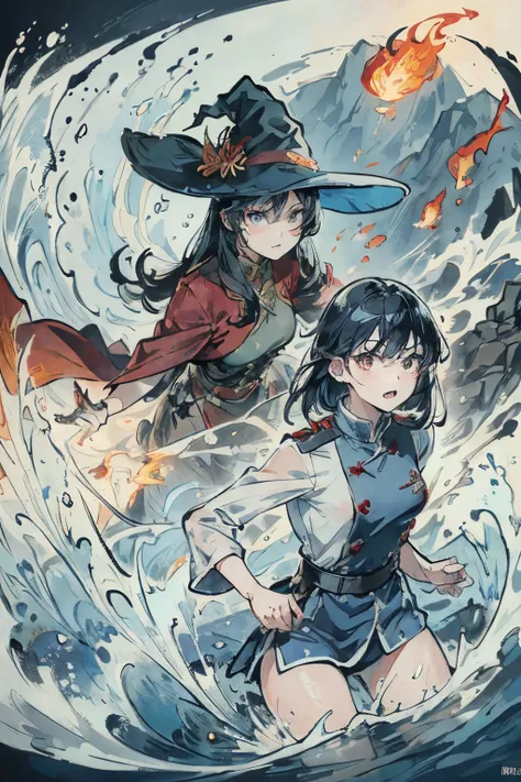 2girls，Prison Guard，lesbian，intimacy，brightcolors，Extreme color，Refined face，Background of the four elements of earth, wind, water and fire，Magic background，Witch hat，uniform，see-through transparent clothes，Conservative style，anger expression，Resistance ac...