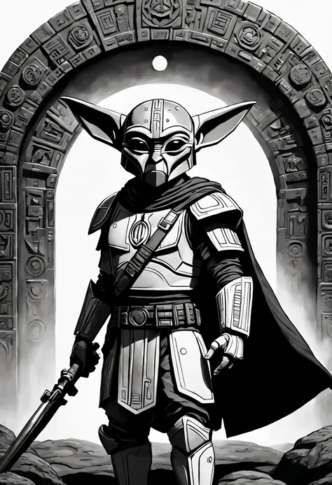 Design a detailed vector of the Aztec Calendar in black and white, fusing the cultural depth of the Aztecs with the warrior spirit of the Star Wars Mandalorians. En el epicentro del calendario, Replace the Aztec sun symbol with the iconic helmet of a Manda...