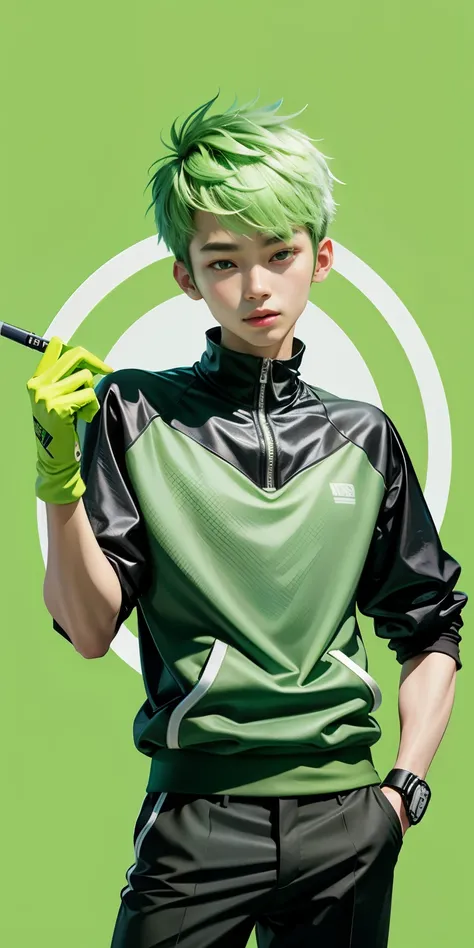 kpop teen boy with messy lime green fadecut hair, personality: prankster, happy, a green one-suit with a diamond, golfing attire of golfers, green golf sweatshirt, rubber hand gloves,