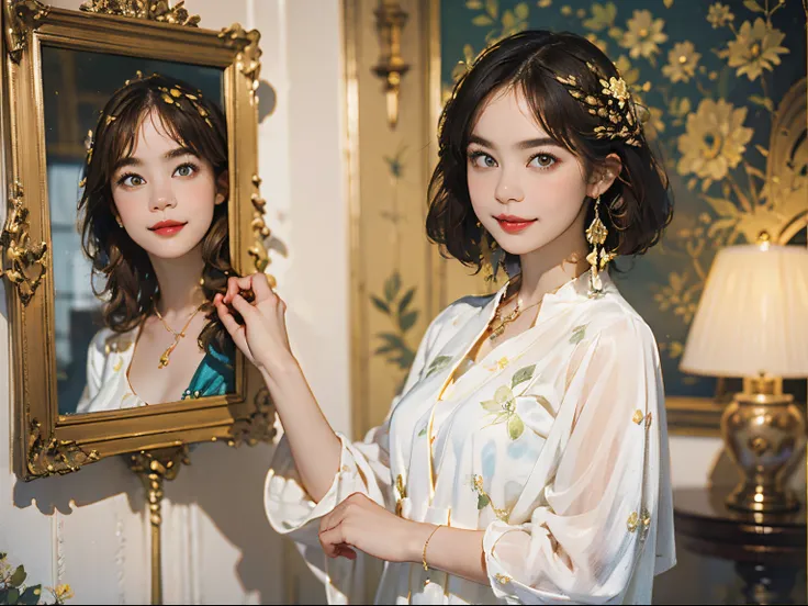 121
(a 20 yo woman,is standing), (A hyper-realistic), (high-level image quality), ((beautiful hairstyle 46)), ((short-hair)), (Gentle smile), (brest:1.1), (lipsticks), (florals), (Luxurious room), (Depth of field is deep), (Escher&#39;s mysterious painting...