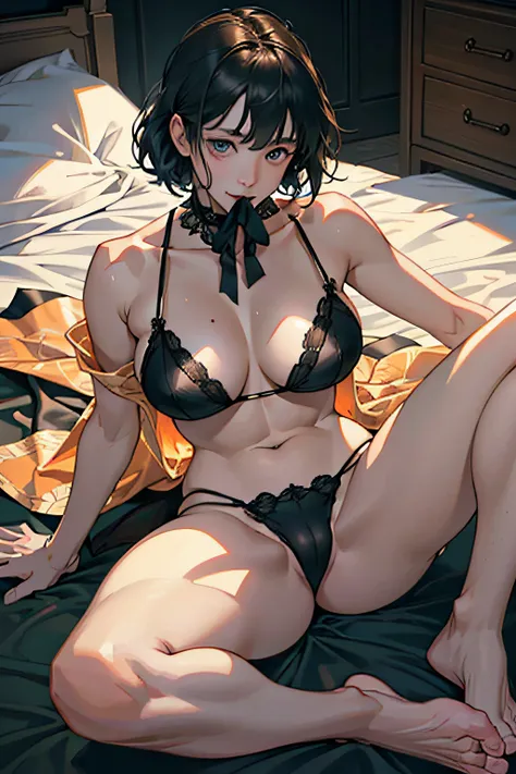 ((sitting with knees arised)),((on the beds)),((Open your legs:1.6)),((Photograph the whole body1.2))、Shot from above with a camera、Wearing a golden bikini、Skin Color,Nipple sheer, huge-breasted ,A smile, (8K, Raw photography, top-quality, ​masterpiece: 1....