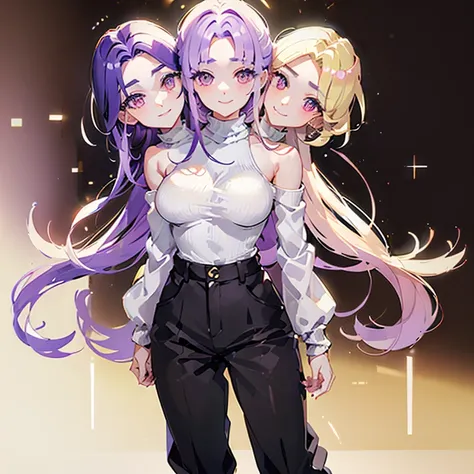 (highest quality, amazing details: 1.25), (3heads:1.5), 1girl, smiling, black hair, blonde hair, light purple hair, casual wear, purple turtleneck sweater, long pants, medium breasts, piercing gaze, strong and confident expressions, identical hair color