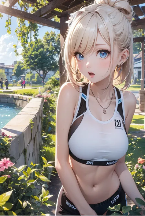 8k,masuter piece,absurderes, ultra-detailliert,bright colour, (Black Sports Bra:1.4),(Show below:1.3),(Surprised:1.4),extremely beautiful detailed anime face and eyes, view straight on, ;D, shiny_skin,25 years old, Short hair, , asymmetrical bangs, Blonde ...