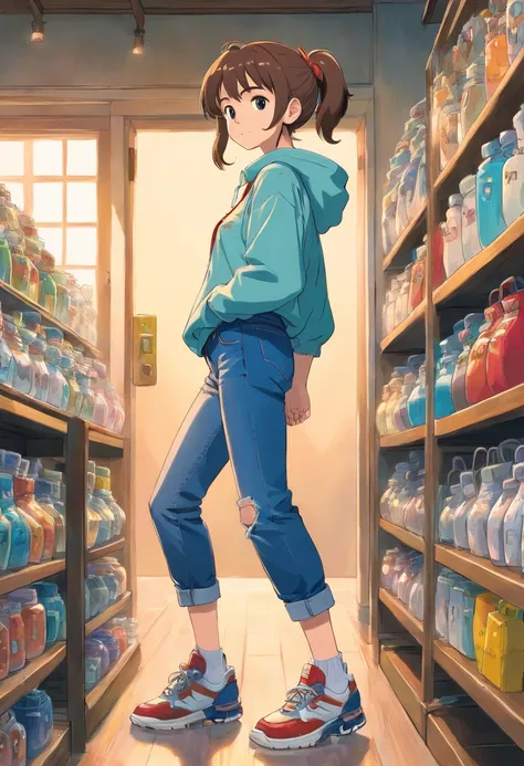 Girl standing shoes are sneakers wearing jeans back