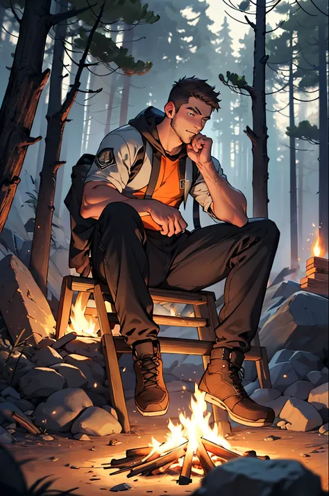 Nick Furcillo, the Australian camp counselor from the game “The Quarry” sitting at a campfire roasting a marshmallow.