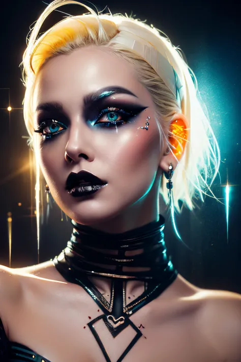 A beautiful and sweet cyberpunk blonde, a digital painting of a woman with Love Makeup with arrows, Heart-shaped makeup, cgsociety, gothic art, dystopian art, detailed painting, behance hd, figurative art, anime aesthetic, deep photography, Ilford HP5 film...