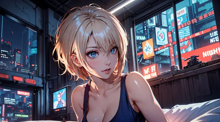 Cinematic Angle、Sareme、((A very beautiful sexy adult villain wearing a peach tank top))、Lovers perspective、Asymmetrical ultra-short hair,、cleavage of the breast、Very boyish and cool、a blond、sky blue hair,Red inner hair、(((Bedroom with cyberpunk night view)...