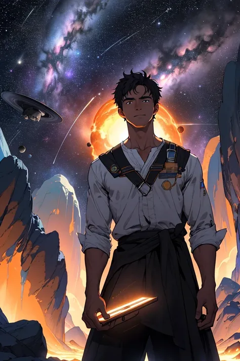 Desenhe um jovem programador sentado em uma plataforma de pesquisa flutuante, in the middle of an asteroid belt. Hes studying with a laptop, surrounded by several asteroids glowing with auras of fire. The dramatic illumination of distant stars and planets ...