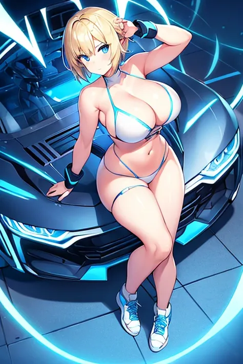 1girl, wide hips, large breasts, wide hips, blonde hair, short hair, very short hair, blue eyes, futuristic, machinery, science-fiction, tech, shoes, sneakers, neon trim, bikini, white bikini, white clothes, blue neon trim, full body, light smile, car, spo...