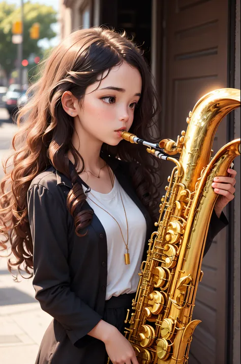 A girl with long curly brown hair playing tenor saxophone, flute, and clarinet