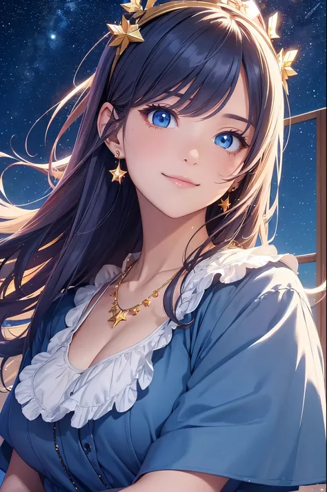 ((masterpiece)), ((best quality)), (ultra-detailed), anime style, upper body, look up from below, night, Starry sky, winter, a cute girl, 1girl, solo, santa costume, beautiful rainbow hair, beautiful blue eyes, ((beautiful eyes)), white-skinned, earrings, ...