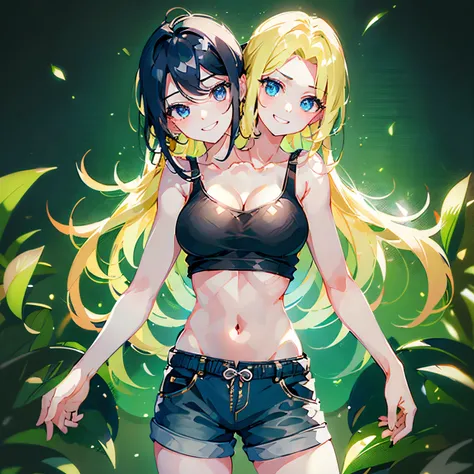 (highest quality, amazing details: 1.25), (2heads:1.5), 1girl, smiling, black hair, blonde hair, casual wear, blue eyes, green tank top, blue short pants, medium breasts, piercing gaze, strong and confident expressions