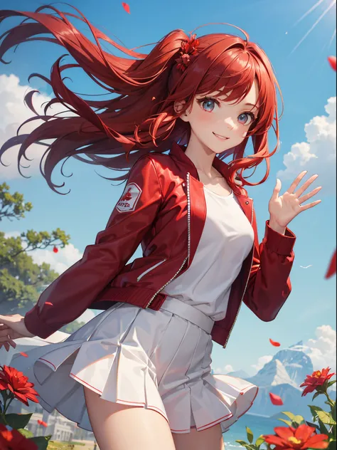 master piece,best quality, Solo woman, beautiful eyes,cute, jumping, Ruby Red jacket,white T-shirt, Ruby Red tight skirt, shy smile, Ruby Red hair, medium hair, one side up,wavy hair,waving in a strong wind hair, Ruby Red flower