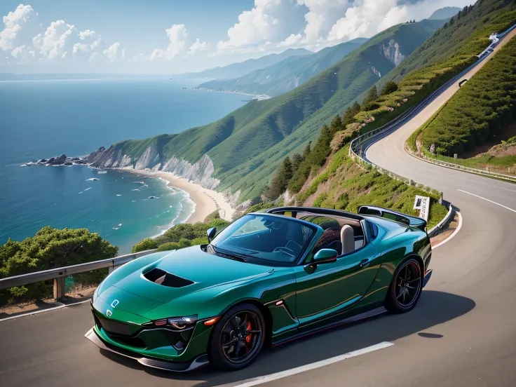 超A high resolution、An ultra-high picture quality、8K、Detailed details、marvelous expression、early summer coastline、Beautiful fresh greenery and lapping waves、A red car runs gracefully on the mountain pass road along the coast........、((Mazda RX-7 Convertible...