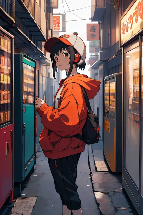 Shibuya, Back alley, vending machine on the background, wearing a hoodie on his head, From  above, (8K, Raw photo, Best Quality, masutepiece:1.2), A girl in her 20s with headphones around her neck