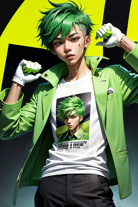 kpop teen boy with messy lime green fadecut hair, personality: prankster, happy, a green one-suit with a diamond, golfing attire of golfers, green golf sweatshirt, rubber hand gloves,