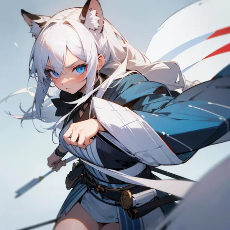 "(best quality,4k,8k,highres,masterpiece:1.2),ultra-detailed,Striped Tiger Ears,White Hair,Blue Eyes,female,Martial Arts Clothing,sharp focus,vivid colors,studio lighting,warm color tones,dimmed lighting,snowy background