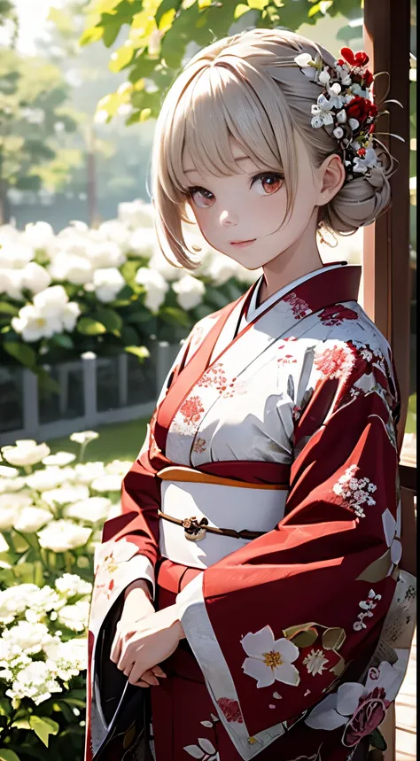 The background is a world of white flowers、Best Quality, masutepiece, High resolution, (((1girl in))), sixteen years old,Red Eyes、Dark red kimono、((Dark red floral kimono)), Tindall Effect, Realistic, Shadow Studio, Red lighting, dual-tone lighting, (High ...