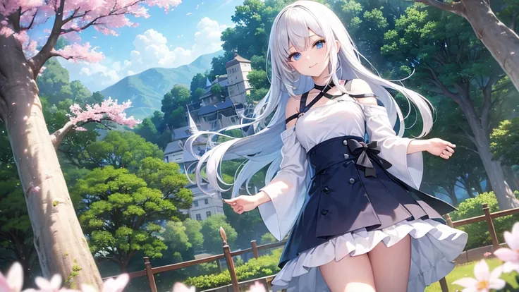 mid-shot, Look at viewers, hands behind back, girl with, 20 years old, Very short hair, long bangs between eyes,, Grey Hair, Floating hair, ^ ^, pale blue eyes, Hoodie, Skirt, Bare shoulder, , Blue sky, Nature, Sunlight, Extremely detailed,(​masterpiece、to...