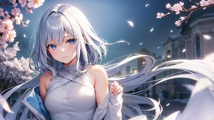 mid-shot, Look at viewers, hands behind back, girl with, 20 years old, Very short hair, long bangs between eyes,, Grey Hair, Floating hair, ^ ^, pale blue eyes, Hoodie, Skirt, Bare shoulder, , Blue sky, Nature, Sunlight, Extremely detailed,(​masterpiece、to...