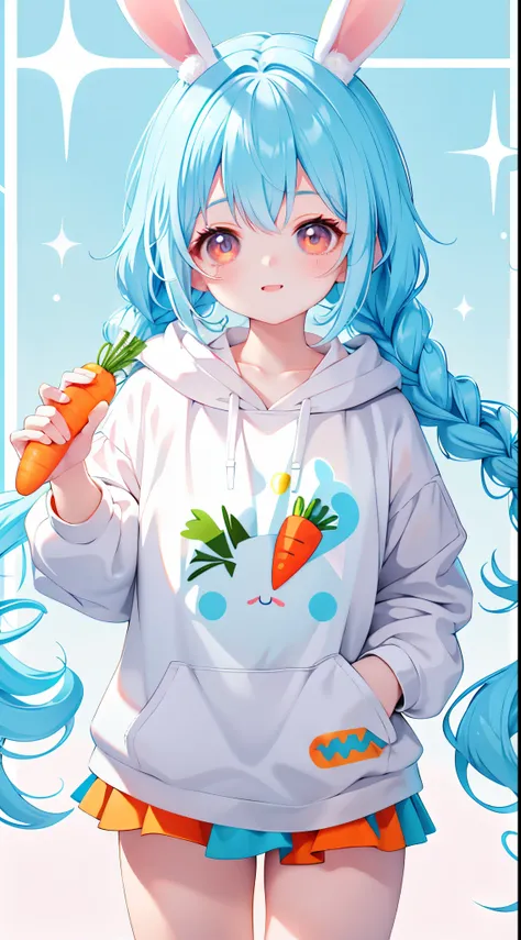 1girl, bright, light blue hair, white mesh, braid, pigtails, long hair, orange eyes, rabbit, carrot, multicolored hair, saleme, head mask, side lights, light particles, wallpaper, big, plump, idol, swimsuit, loose, smiley, gentle, clear, sexy, loli