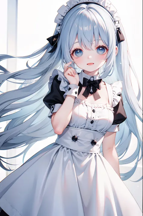 maniac，ssmile，cyanhair，long whitr hair，splash background，frenzied，laughingly，the maid outfit