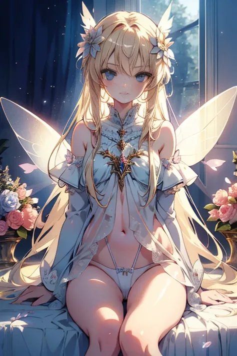 head to thigh, wearing edgHL, 1 girl, blue eyes, long blonde hair, long eyelash, fairy wings, high detailed skin, Russian Flower Fairy, naked, smile, white laced panties, high quality, Volumetric lighting, A high resolution, Soft lighting, Transparent feat...