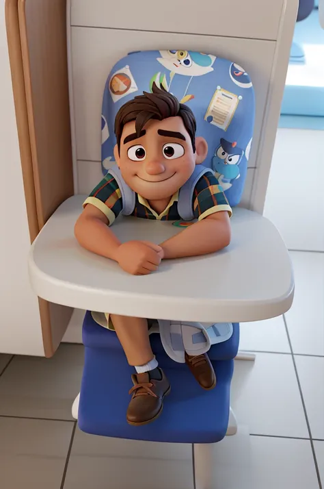 Nene sitting in a dining chair with his arms on the table of the chair that has a Disney Pixar print on it.