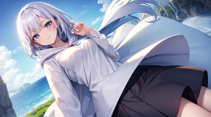 Look at viewers, hands behind back, girl with, 20 years old, Very short hair, long bangs between eyes, pale blue eyes, Hoodie, Skirt , Blue sky,, Sunlight, Extremely detailed,(​masterpiece、top-quality)、独奏、White hair、Blue eyes、A smile、White skin as clear as...