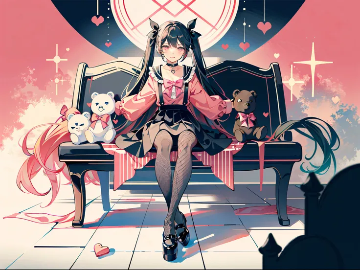 masterpiece, best quality, (jirai_kei),1girl, solo, long_hair, looking_at_viewer, shirt, black_hair, long_sleeves, bow, ribbon, twintails, sitting, monochrome, hair_bow, heart, pantyhose, frills, food, shoes, choker, blunt_bangs, black_skirt, pink_eyes, st...