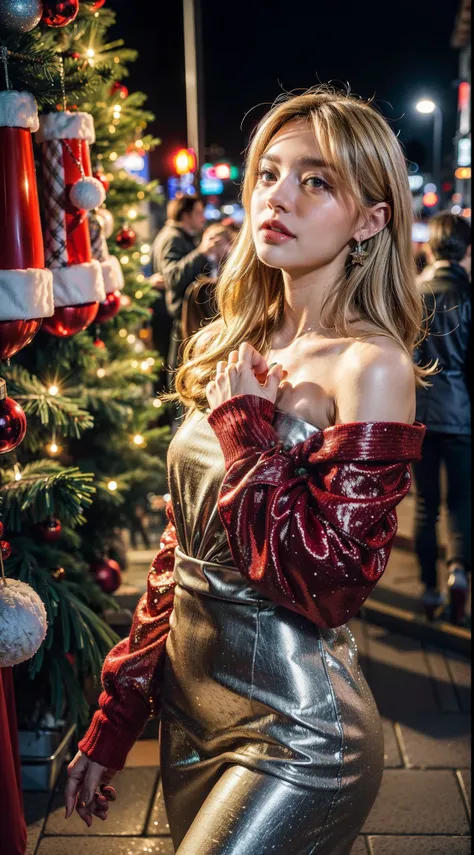 Christmas fashion, christmas outfit, christmas dress, vibrant christmas party scene, immersed in the vibrant atmosphere of a night christmas party. The night christmas party scene is alive, a lively night party, and people having fun because christmas, cap...