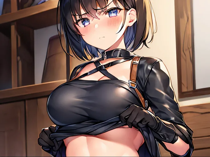 1girl, blown short hair and eyes, blacksmith, Leather aprons and gloves, blush, angry, (clothes lift:1.3), open clothes, NFSW, Facepalm, tear,