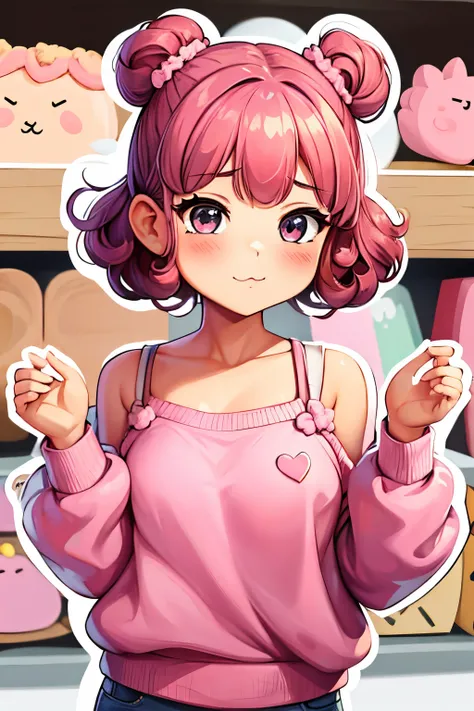 Shoulder sweater, Curly shorthair, hair scrunchie, Twin-tailed, kawaii pose、Eat mochi