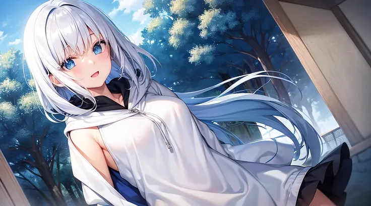 Look at viewers, hands behind back, girl with, 20 years old, Very short hair, long bangs between eyes, pale blue eyes, Hoodie, Skirt , Blue sky,, Sunlight, Extremely detailed,(​masterpiece、top-quality)、独奏、White hair、Blue eyes、A smile、White skin as clear as...