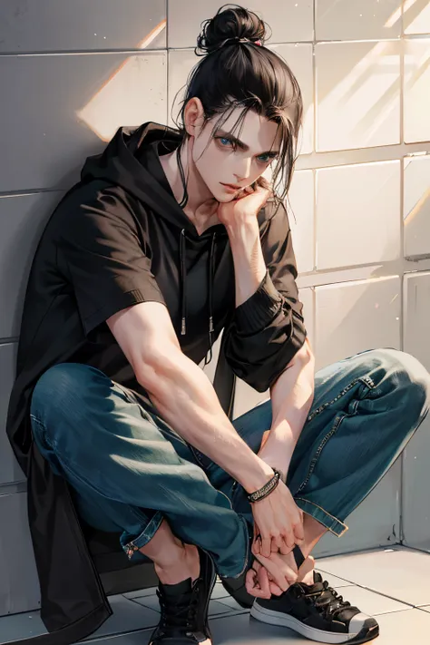 Black hair,dark green eyes , depth in eyes ,long hairs ,hair bun,six pack ,lean body, black long hoodie,male,6 feet height,silver metal shoes,open body,denim pants